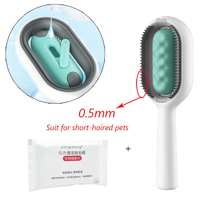 "Double-sided pet hair removal brush for cats and dogs with grooming wipes"