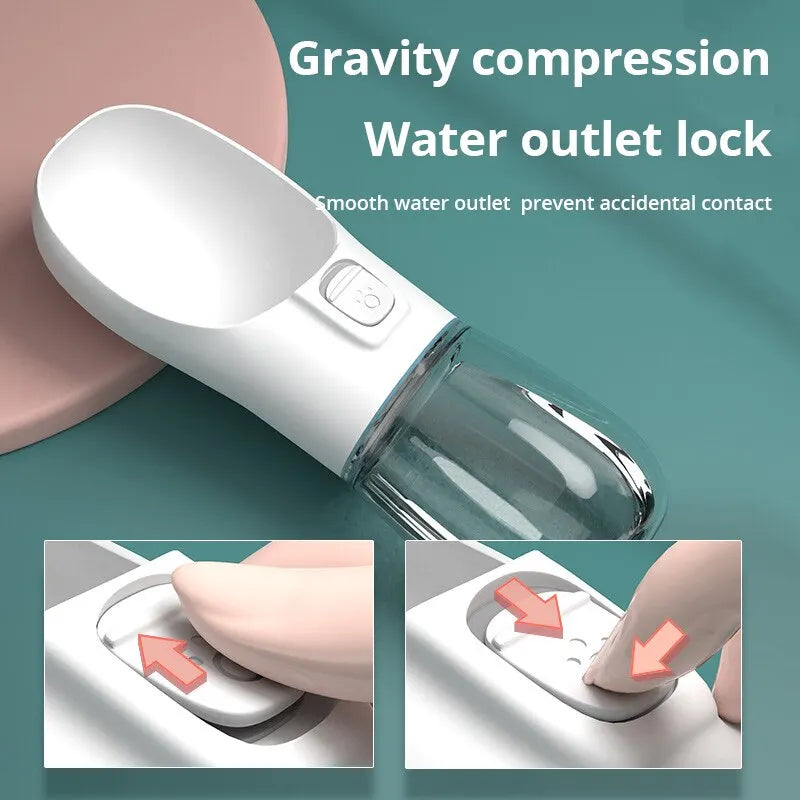 Portable pet travel water bottle with easy-pour drinking bowl for dogs and cats, ideal for outdoor activities.