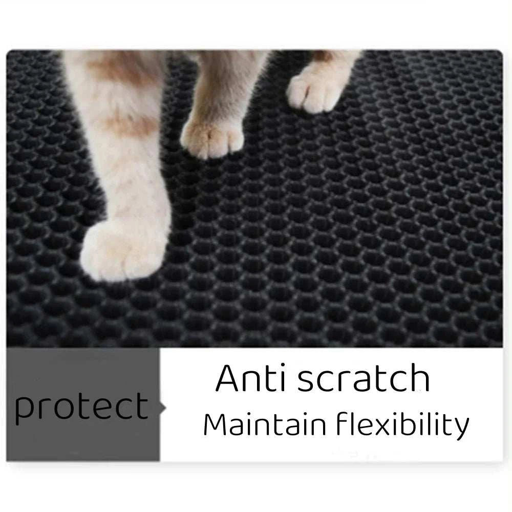 Cat on waterproof litter trapping mat, double layer, non-slip, washable.