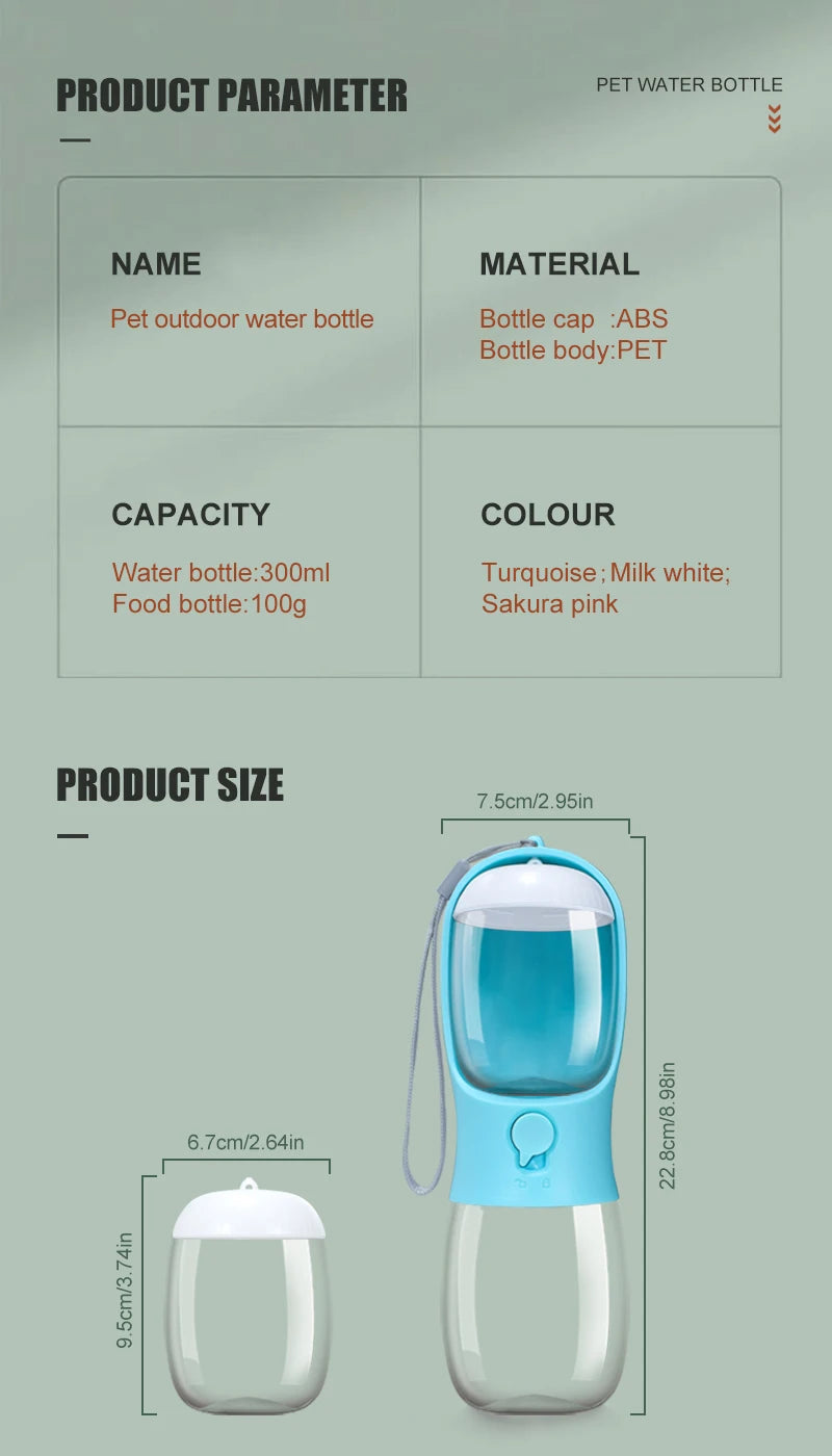"2-in-1 portable pet water and food dispenser bottle, 300ml, for dogs and cats on the go"