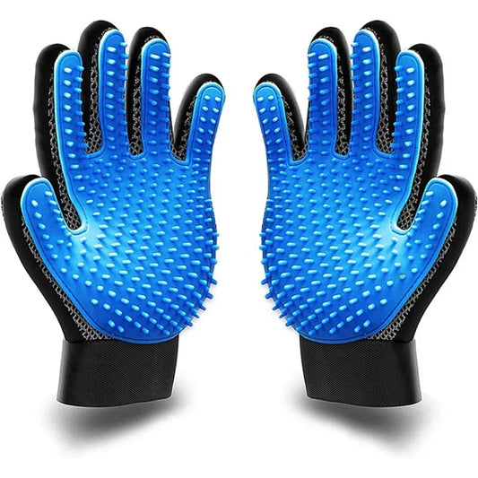 Pet grooming kit with 2-sided brush and bath cleaning glove for dogs, cats, and rabbits, ideal for de-shedding and de-matting.