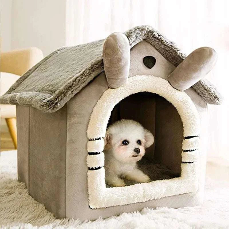 Indoor warm dog house with soft fabric, removable cushion, and cozy tent design.