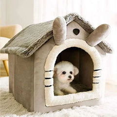 Indoor warm dog house with soft fabric, removable cushion, and cozy tent design.