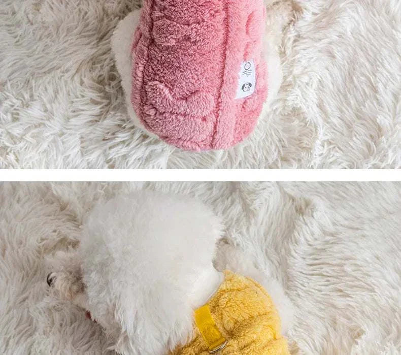 Soft fleece dog clothes in pink and yellow for small dogs, winter warm pullover sweater.