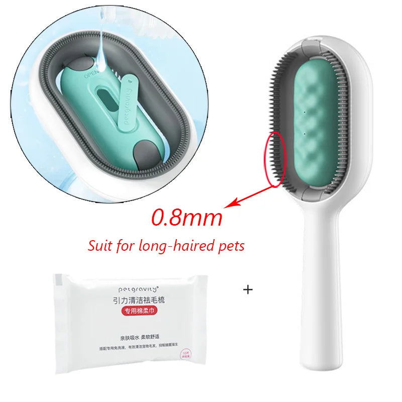 "Double-sided pet hair removal brush for cats and dogs with grooming wipes"