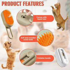 "3-in-1 cat steam brush with 360° rotating handle for hair removal and massage"