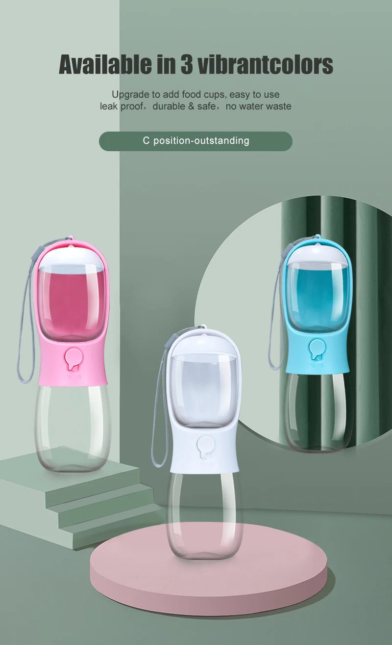 "2-in-1 portable pet water and food dispenser bottle, 300ml, for dogs and cats on the go"
