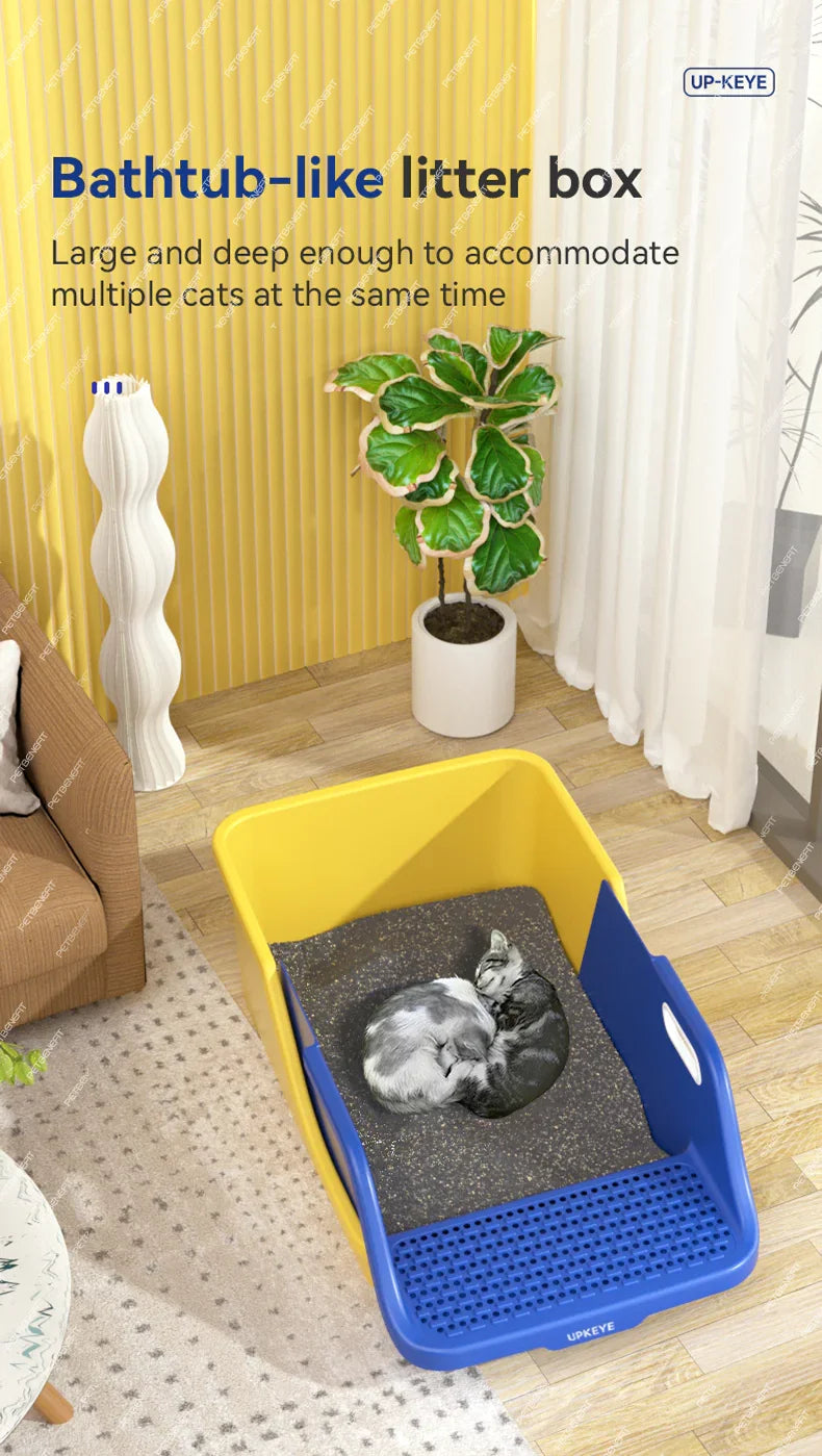 "Extra large semi-closed cat litter pan with anti-splash design for easy maintenance"