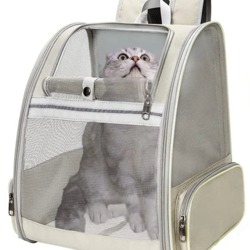 "Breathable canvas cat backpack with mesh panels for airflow and comfort"