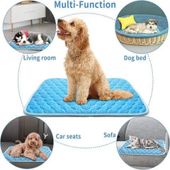 Cooling pet mat with ice silk material for dogs and cats, shown in multiple settings including living room, dog bed, car seats, and sofa.