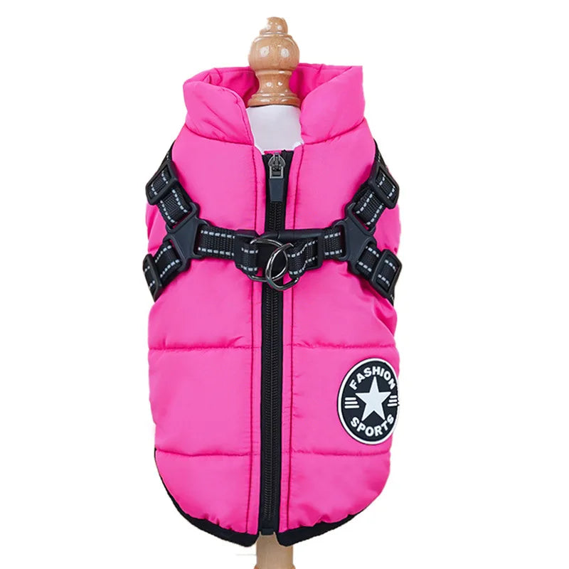 "Large waterproof dog jacket with harness for winter warmth"