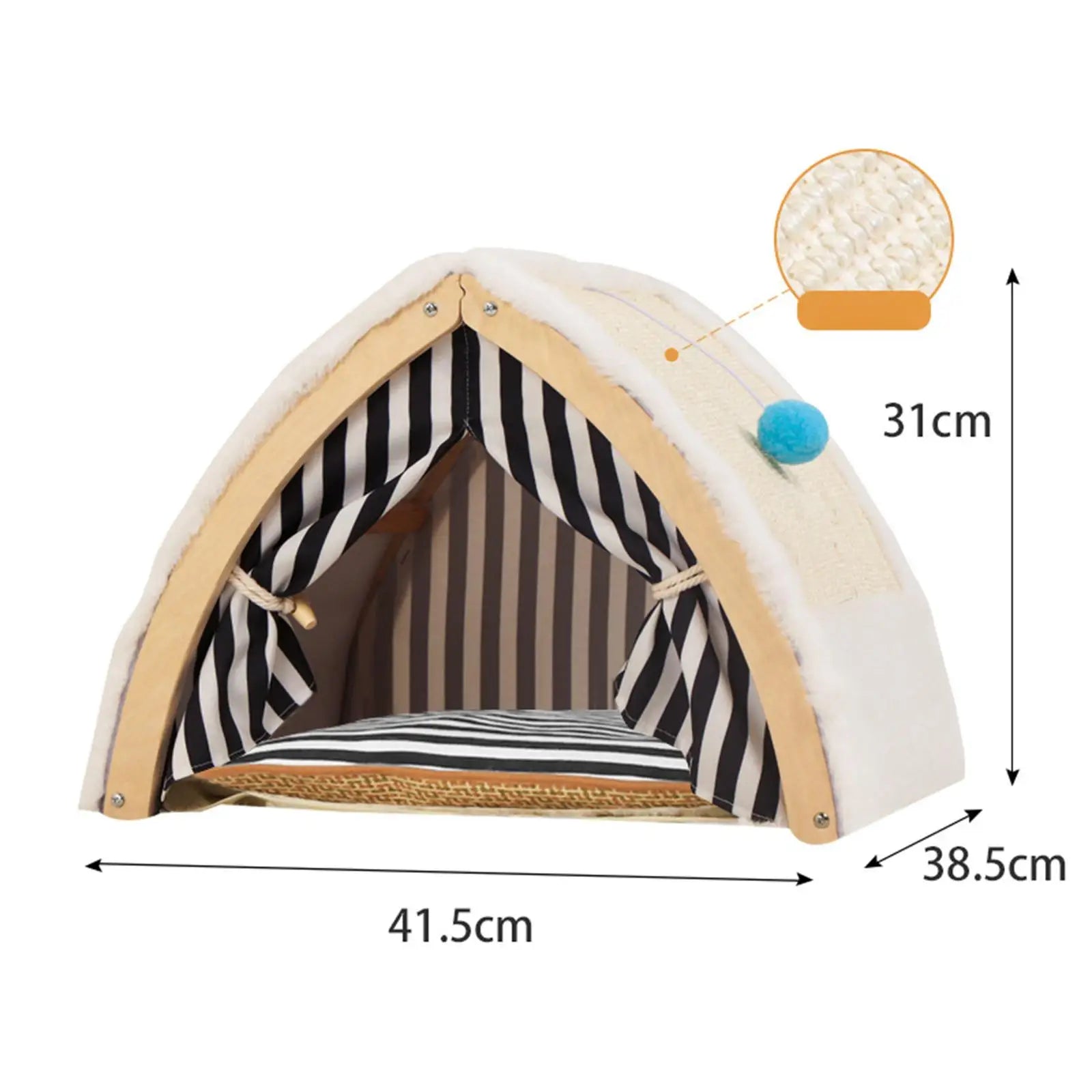 "Portable cat tent house bed with breathable fabric and hanging toy for cozy cat naps"