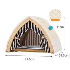 "Portable cat tent house bed with breathable fabric and hanging toy for cozy cat naps"