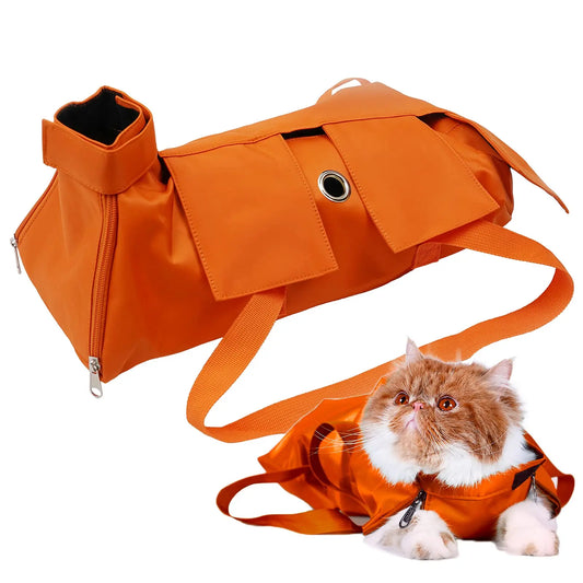 "Cat restraint bag with anti-scratch material and adjustable openings for safe grooming and exams"
