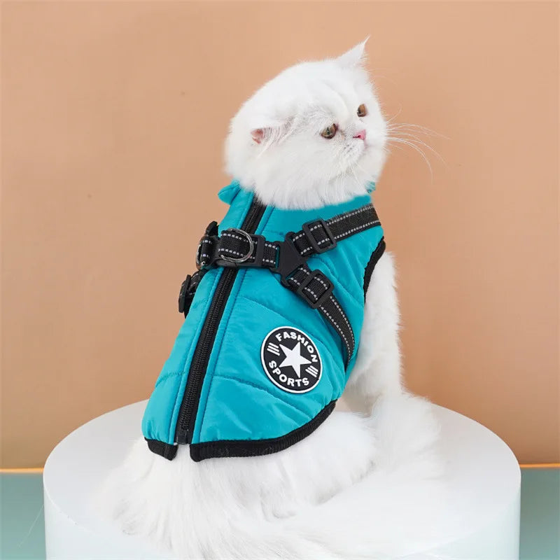 "Large waterproof dog jacket with harness for winter warmth"