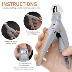 Pet nail clippers with LED light for cats and dogs, ergonomic design, stainless steel blades.