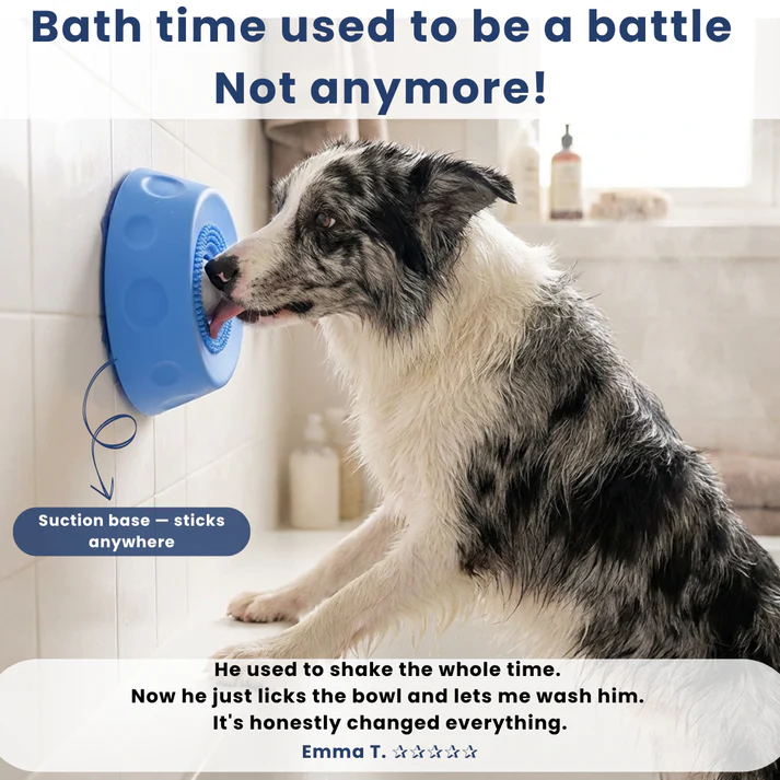 Dog lick bowl filled with bone broth and yogurt enrichment treat